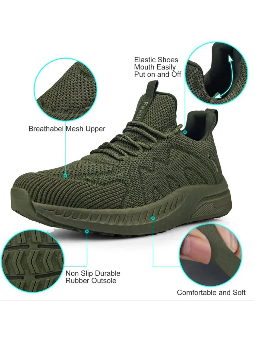 Men's Army Green Non Slip Athletic Sneaker Slip On Walking Casual Running Shoes